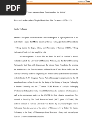 The American Reception of Logical Positivism - First Encounters (1929-1932)