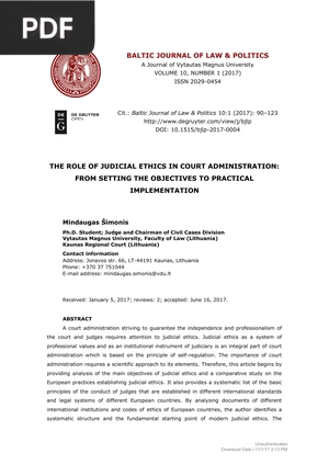 The Role of Judicial Ethics in Court Administration: From Setting the Objectives to Practical Implementation