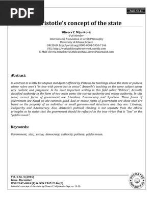 Aristotle's Concept of the State (Article)