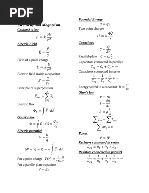 Formula Sheet Electricity and Magnetism (Article)