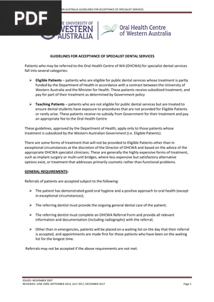 Guidelines for Acceptance of Specialist Dental Services (Article)