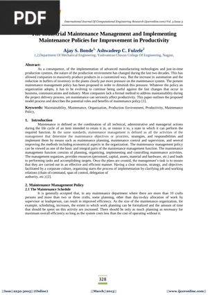 The Industrial Maintenance Management and Implementing Maintenance Policies forImprovement inProductivity