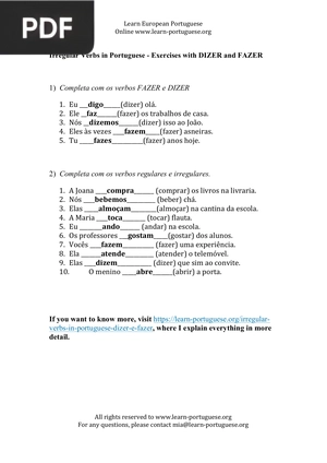Irregular  Verbs in Portuguese – Dizer e Fazer (Solutions)