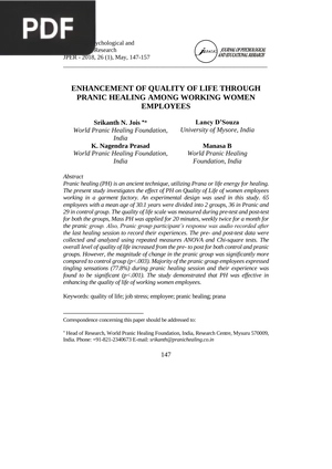 Enhancement of quality of life through pranic healing among working women employees