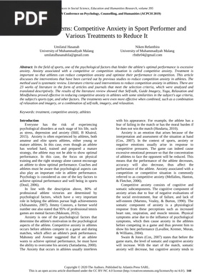 Human Problems: Competitive Anxiety in Sport Performer and Various Treatments to Reduce It (Article)