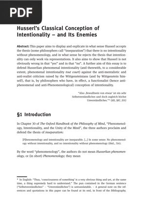 Husserl’s Classical Conception of Intentionality – and Its Enemies