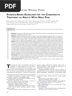 Evidence-Based Guidelines For The Chiropractic Treatment Of Adults With Neck Pain
