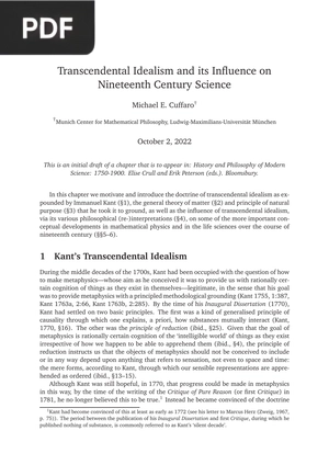Transcendental Idealism and its Influence on Nineteenth Century Science