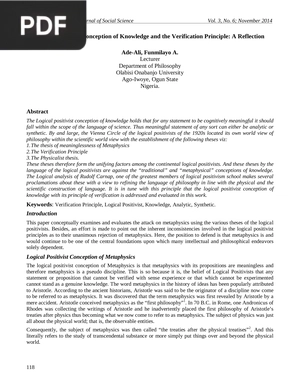 Logical Positivist Conception of Knowledge and the Verification Principle - A Reflection (Article)