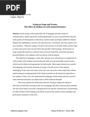 Acting on Stage and Screen The Effect of Medium on Style and Performance