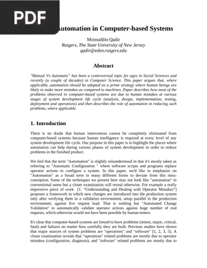 Role of Automation in Computer Based Systems