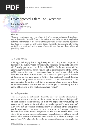 Environmental Ethics: An Overview