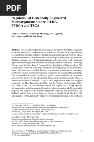 Regulation of Genetically Engineered Microorganisms Under FIFRA, FFDCA and TSCA