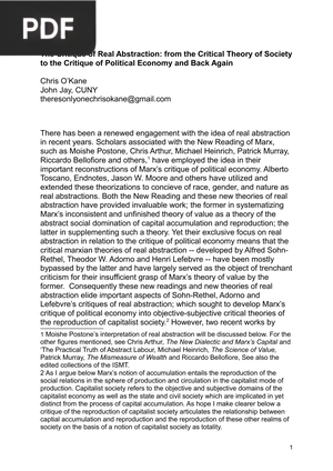 The Critique of Real Abstraction - from the Critical Theory of Society to the Critique of Political Economy and Back Again