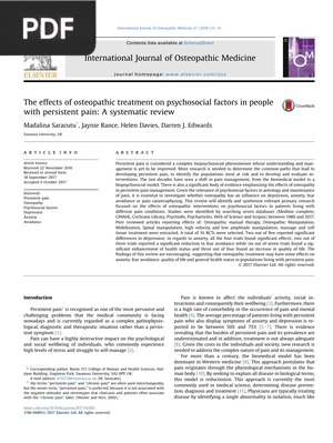 The effects of osteopathic treatment on psychosocial factors in people with persistent pain - A systematic review