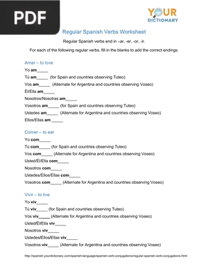 Regular Spanish Verbs Worksheet