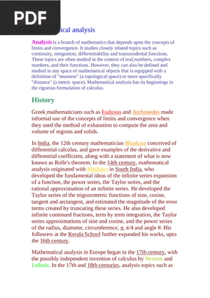 Mathematical analysis History