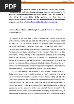 Hermeneutics and the Ancient Philosophical Legacy - Hermeneia and Phronesis