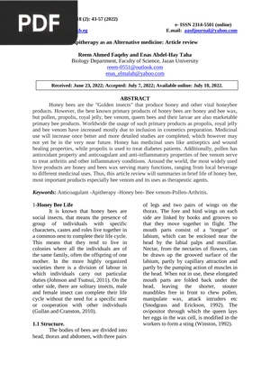 Apitherapy as an Alternative medicine - Article review