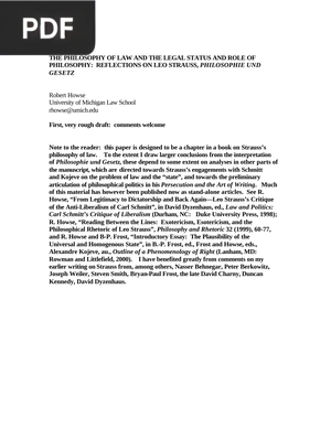 The Philosophy of Law and the Legal Status and Role of Philosophy Reflections On Leo Strauss Philosophie Und Gesetz