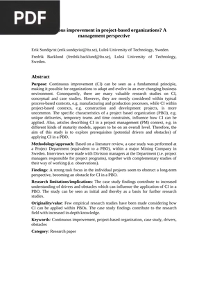 Continuous improvement in project-based organizations? - A management perspective