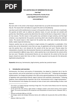 The limited role of hermeneutics in law (Article)