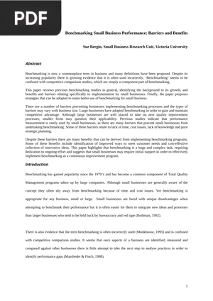 Benchmarking Small Business Performance: Barriers and Benefits