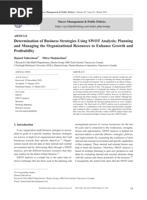 Determination of Business Strategies Using SWOT Analysis (Article)