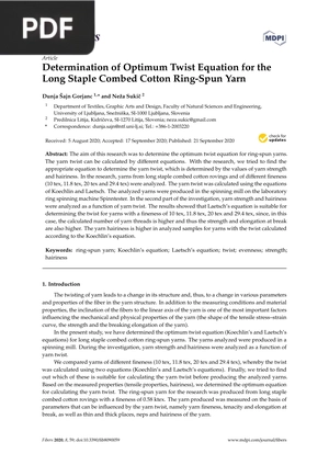 Determination of Optimum Twist Equation for the Long Staple Combed Cotton Ring-Spun Yarn