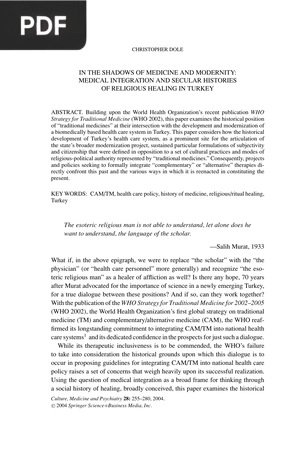 In the Shadows of Medicine and Modernity Medical Integration and Secular Histories of Religious Healing in Turkey