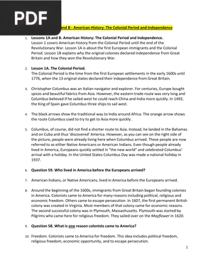 Lessons 1A and B - American History: The Colonial Period and Independence
