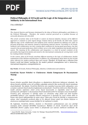 Political Philosophy of Al Farabi and the Logic of the Integration and Solidarity in the International Area