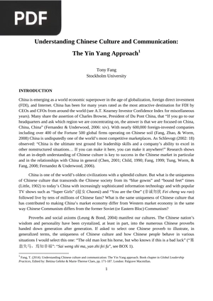 Understanding Chinese Culture and Communication: The Yin Yang Approach