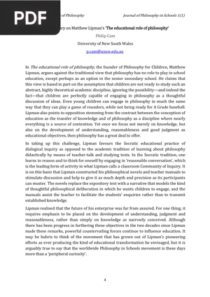 Commentary on Matthew Lipmans The educational role of philosophy
