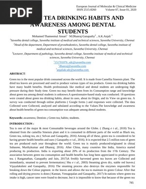 Green Tea Drinking Habits and Awareness Among Dental Students