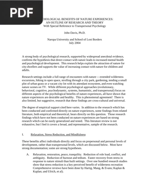 Psychological benefits of nature experiences: an outline of research and theory