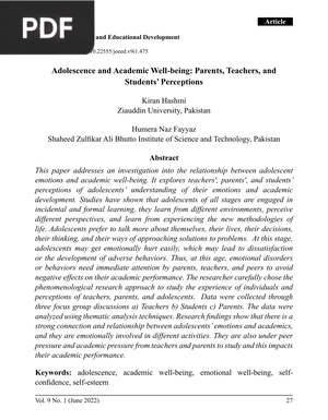 Adolescence and Academic Well-being: Parents, Teachers, and Students’ Perceptions