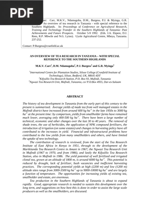 An Overview of Tea Research in Tanzania - With Special Reference to the Southern Highland