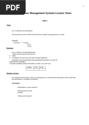 Database Management Systems Lecture Notes