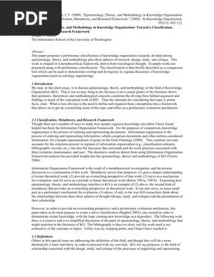 Epistemology Theory and Methodology in Knowledge Organization Toward a Classification Metatheory and Research Framework (Article)