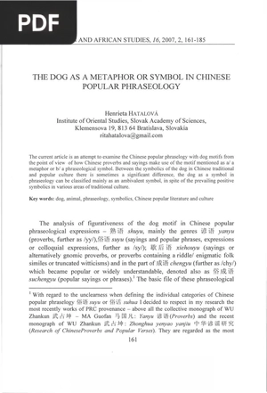 The Dog as a Metaphor or Symbol in Chinese Popular Phraseology