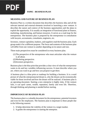 Topic Business Plan (Article)