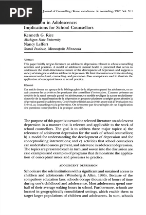 Depression in Adolescence-Implications for School Counsellors