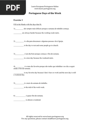 Portuguese Days of the Week – Exercises