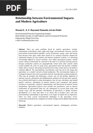 Relationship between Environmental Impacts and Modern Agriculture