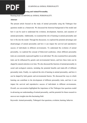 Ethology, Learning and Animal Personality