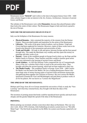 History Revision – The Renaissance