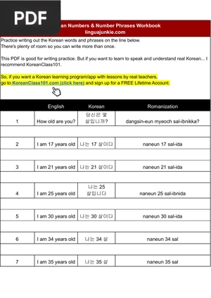 Korean Numbers & Number Phrases Workbook